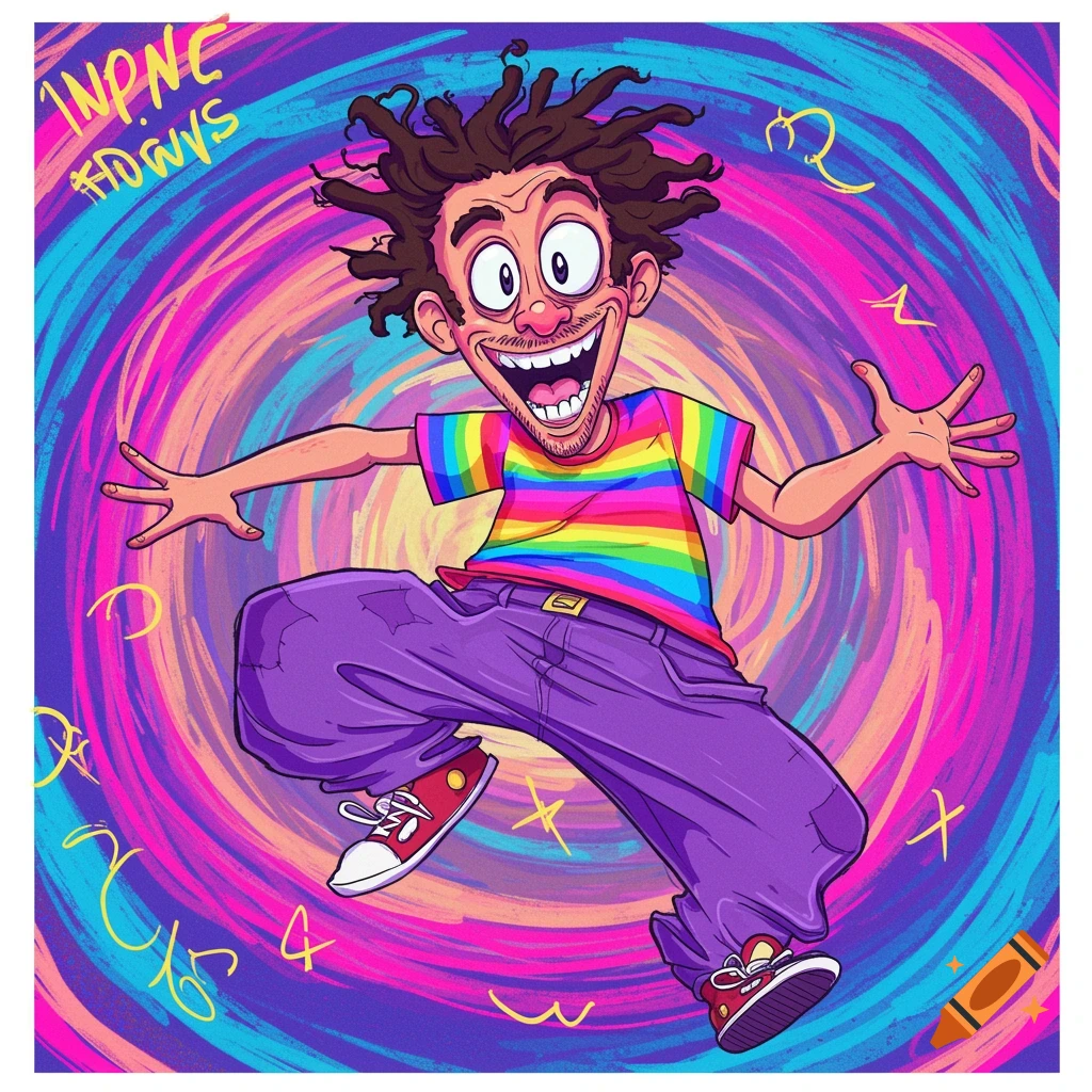 Cartoon of a person jumping in the air wearing a rainbow shirt and purple pants, against a colorful swirling background.