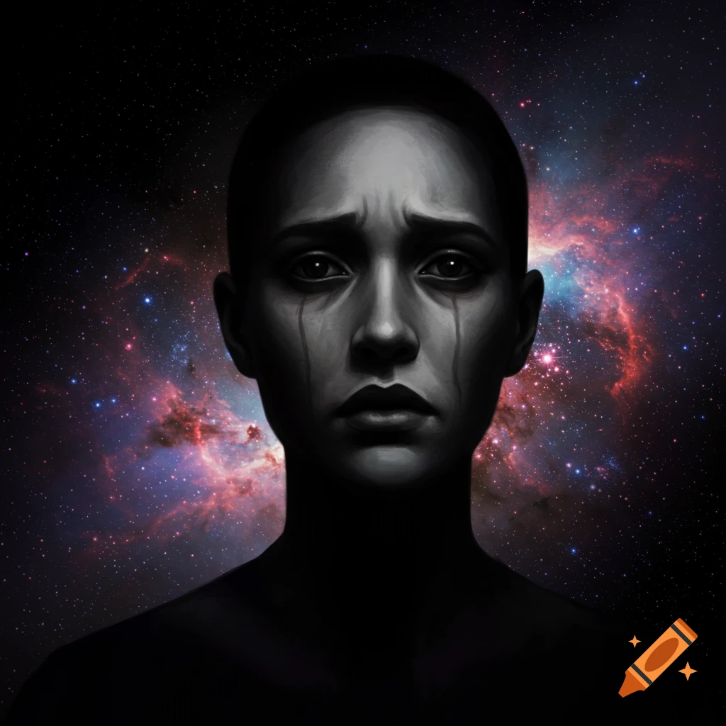 Grayscale portrait of a sad face with tear-like streaks against a vibrant cosmic nebula background.
