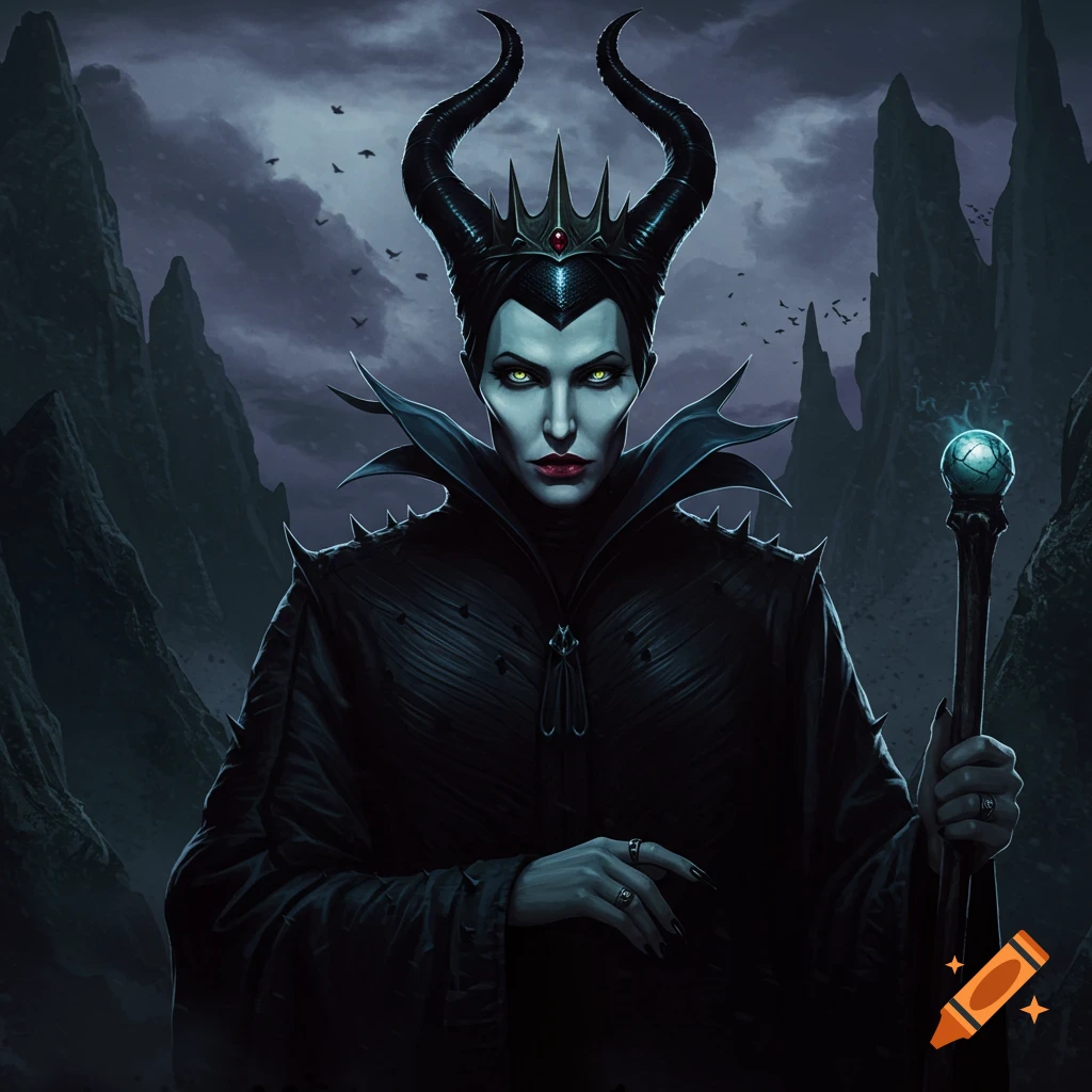 Portrait of a dark fantasy sorceress with horns and staff standing in a rocky landscape.