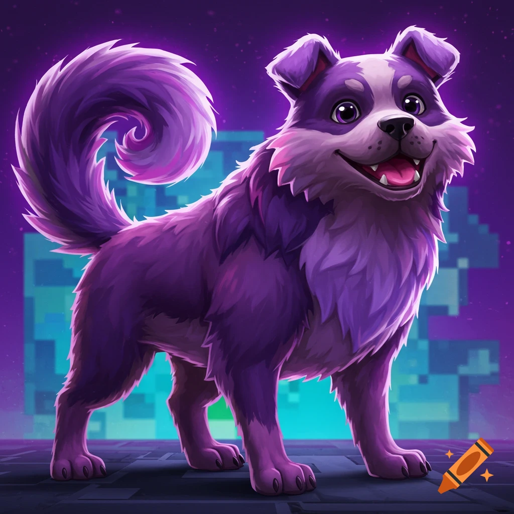 Purple cartoon dog with curly tail on pixel platform against starry background.