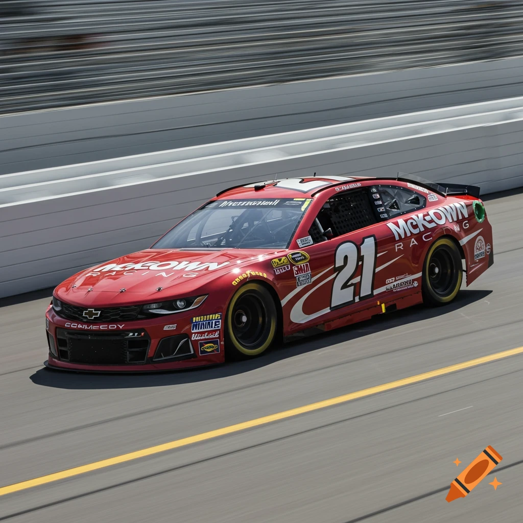 A red NASCAR race car with number 21 and McKeown Racing sponsor drives on a track.