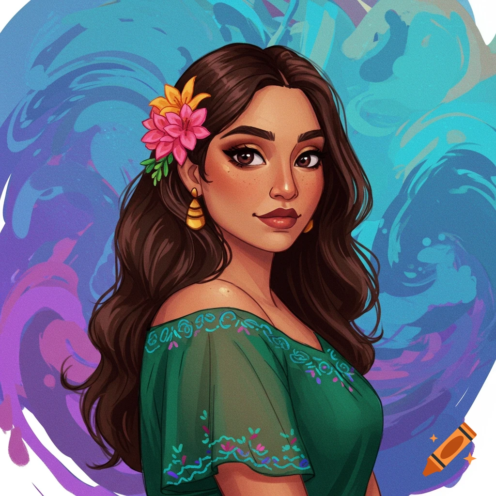 Stylized illustration of a woman with dark hair, flowers in her hair, and an embroidered green dress.