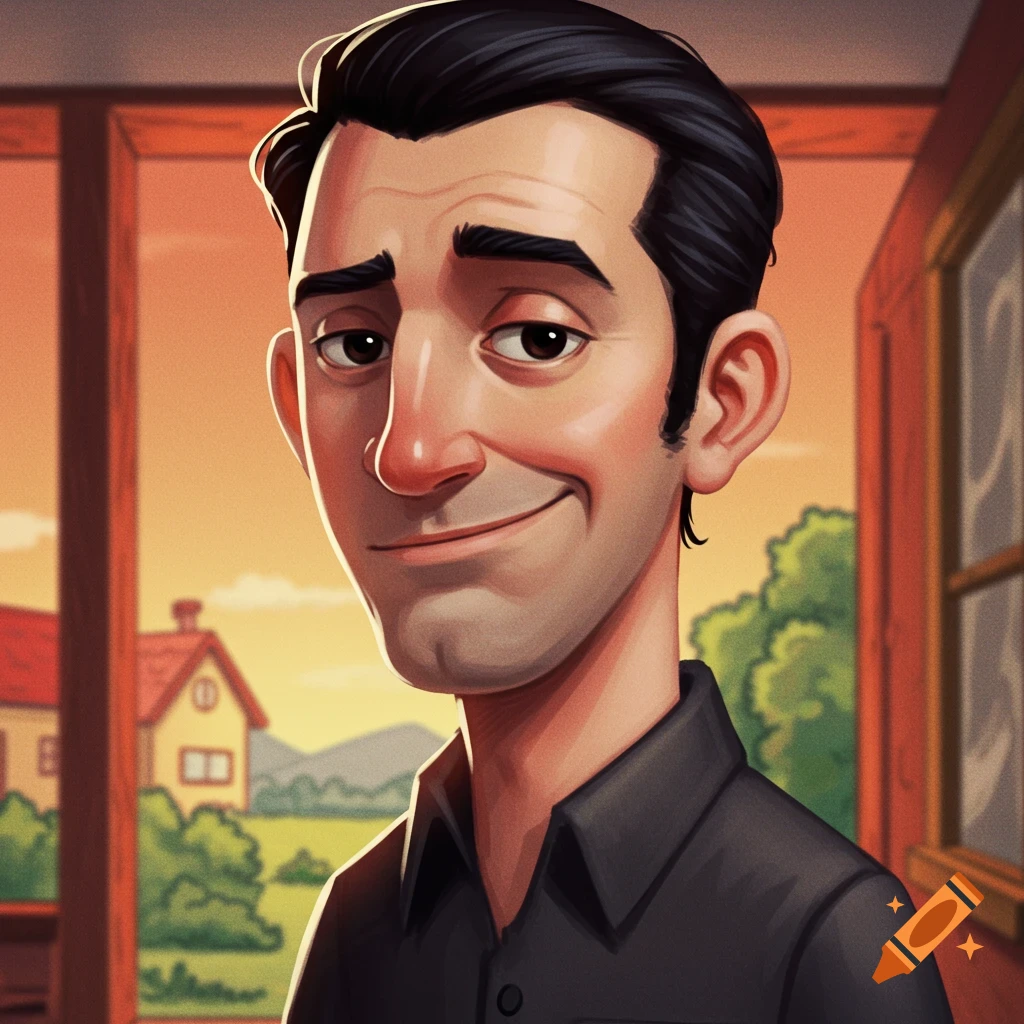 Cartoon portrait of a man smiling against a rural landscape at sunset.