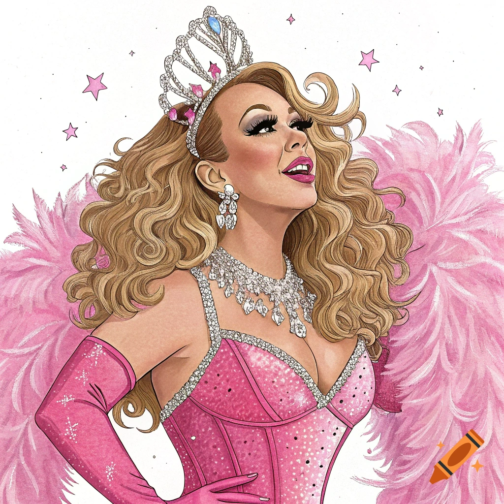Illustration of a drag queen in a pink corset, feather boa, crown, and jewelry.