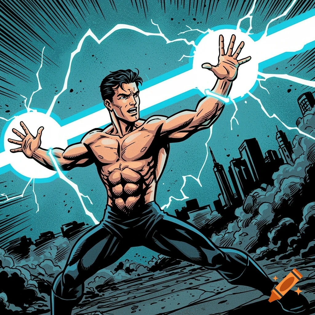 Comic art of a muscular man generating lightning from his hands over a city background.