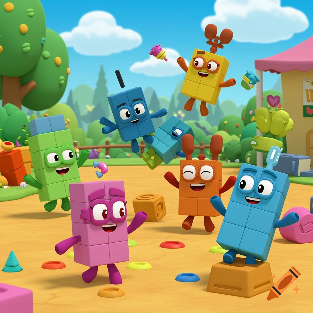 Colorful block characters playing and jumping in a cartoon park setting.