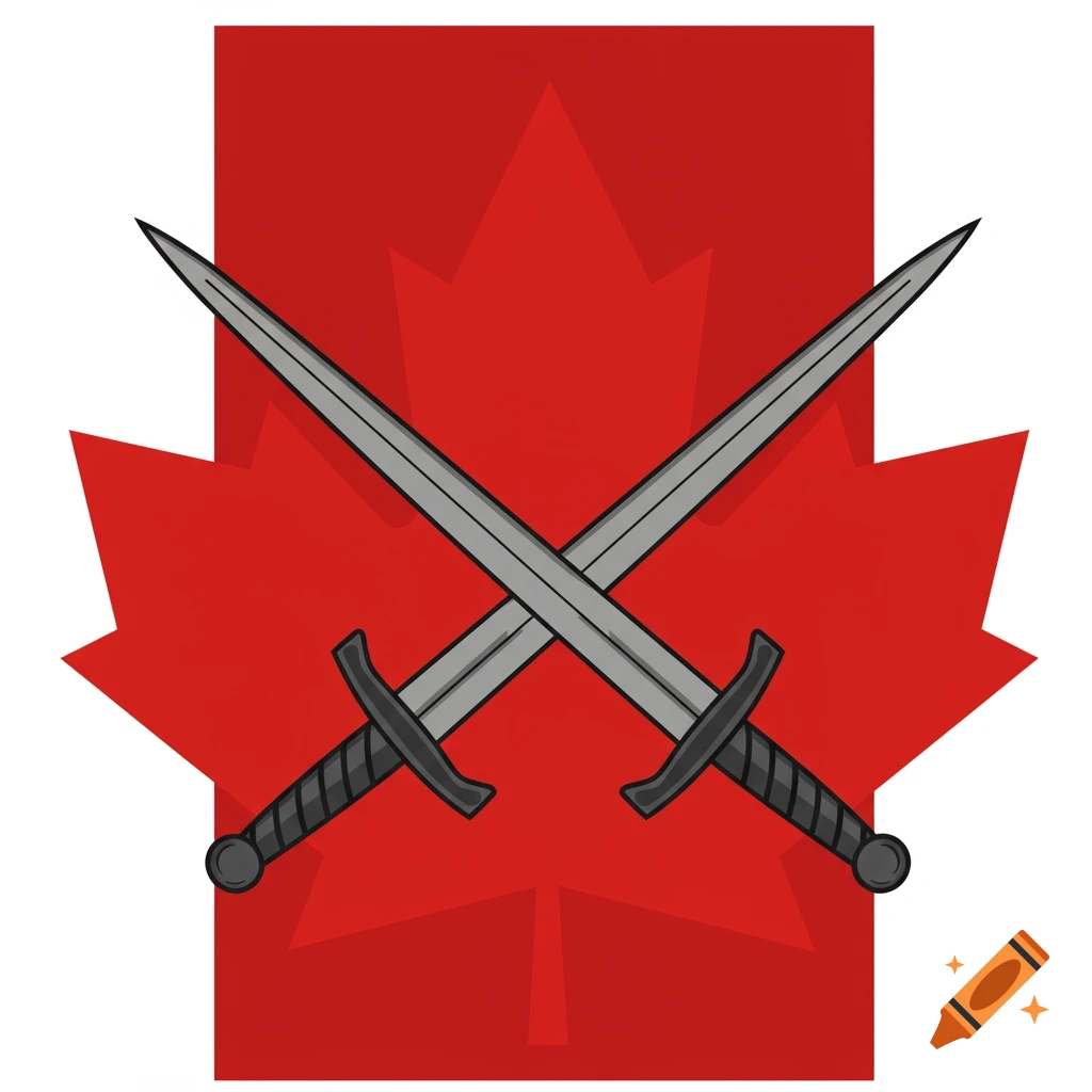 Two crossed swords over a red maple leaf.