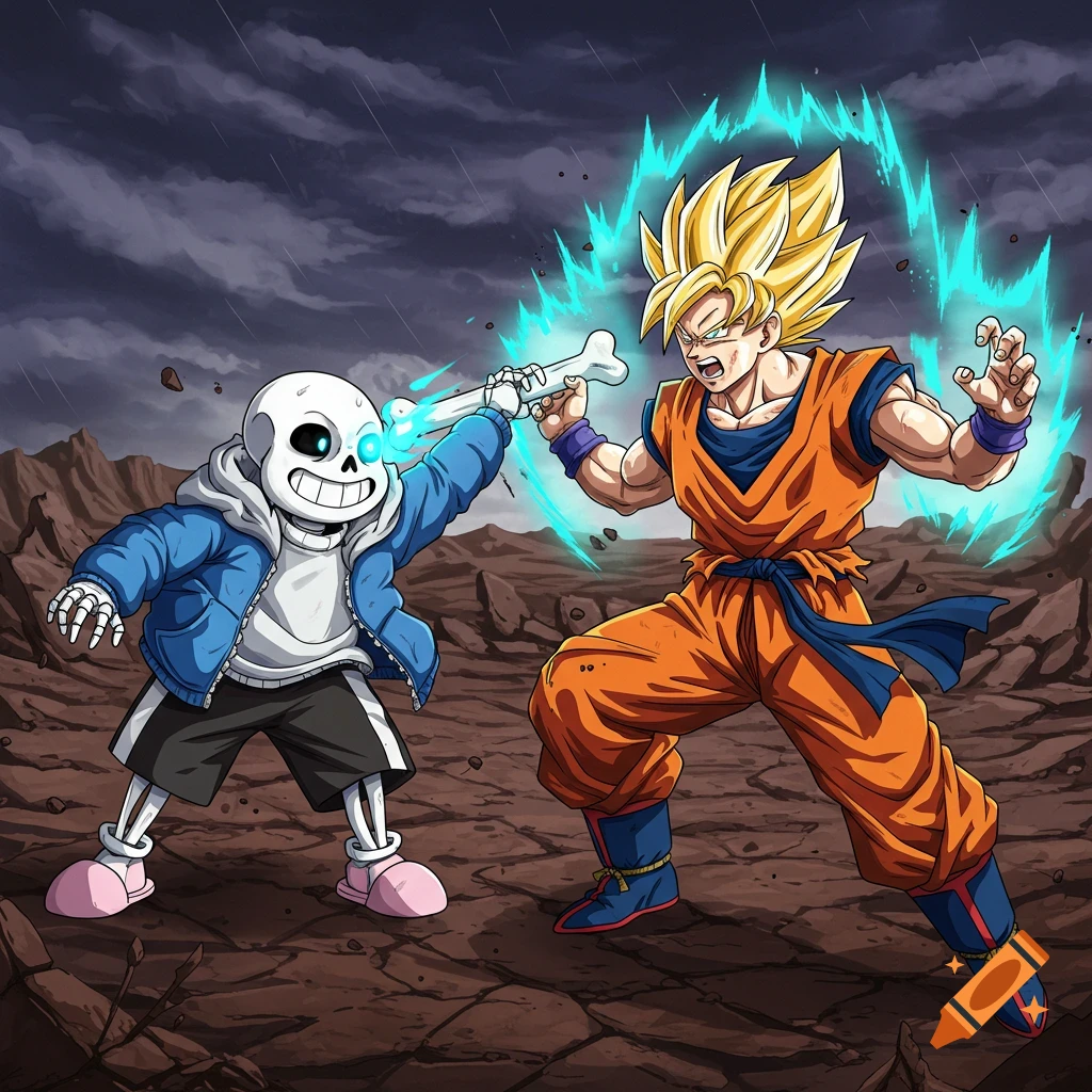 Cartoon style image of Sans from Undertale fighting Goku from