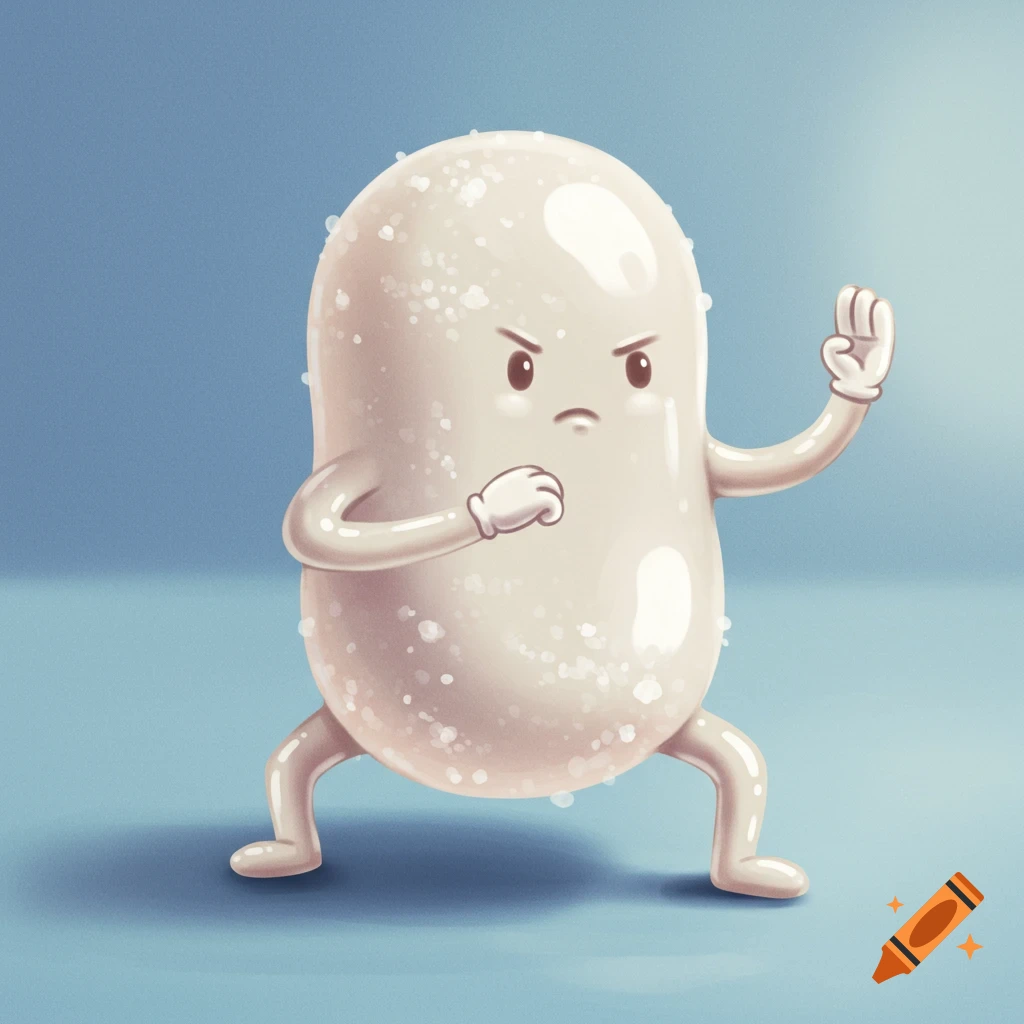 A cartoon white jelly bean character with arms and legs doing a karate pose.