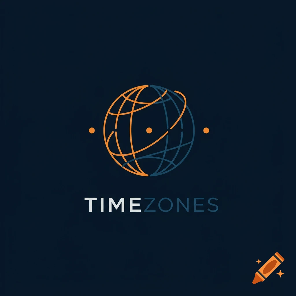 A stylized logo featuring an orange and blue wireframe globe above the white text "TIMEZONES" on a dark blue background.