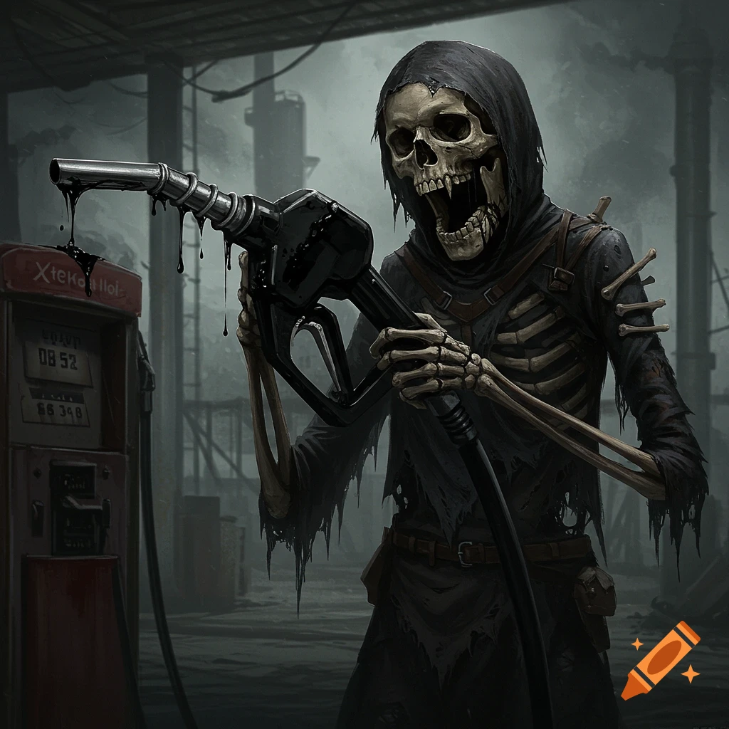 Skeleton holding a gas nozzle dripping black liquid at a gas pump in a desolate setting.