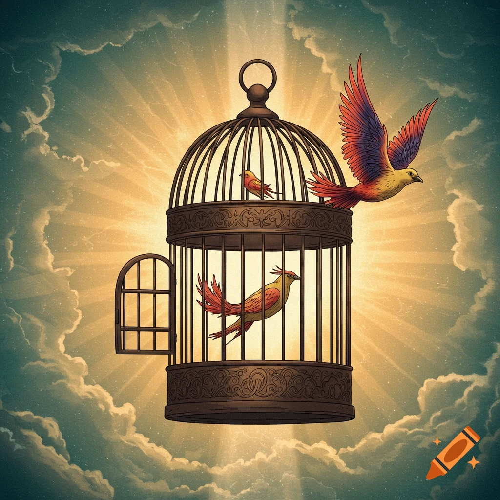 Stylized image of a bird flying out of an open birdcage, with other birds inside, against a radiant sky with clouds.