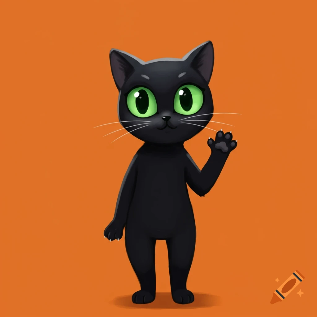 Cartoon black cat with big green eyes stands and waves on an orange background.
