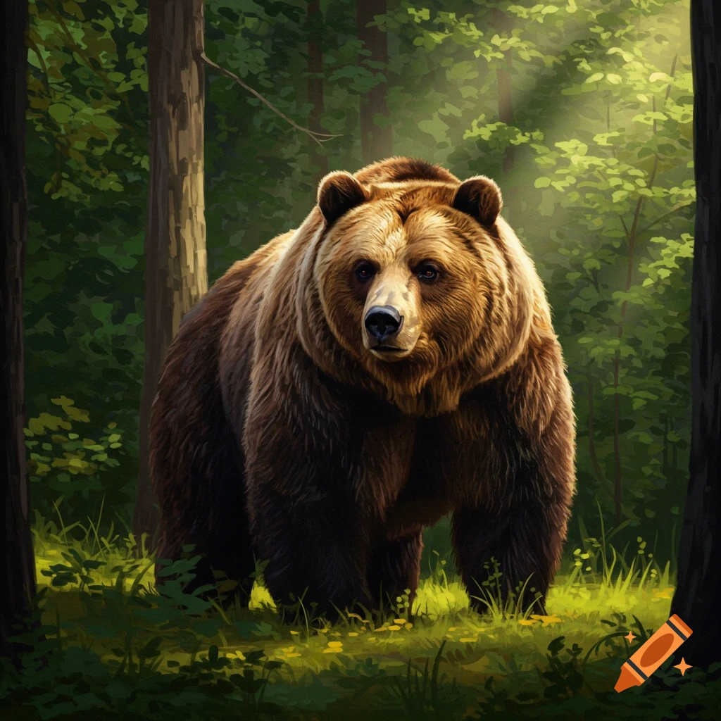 A large brown bear stands looking forward in a sunlit forest clearing.