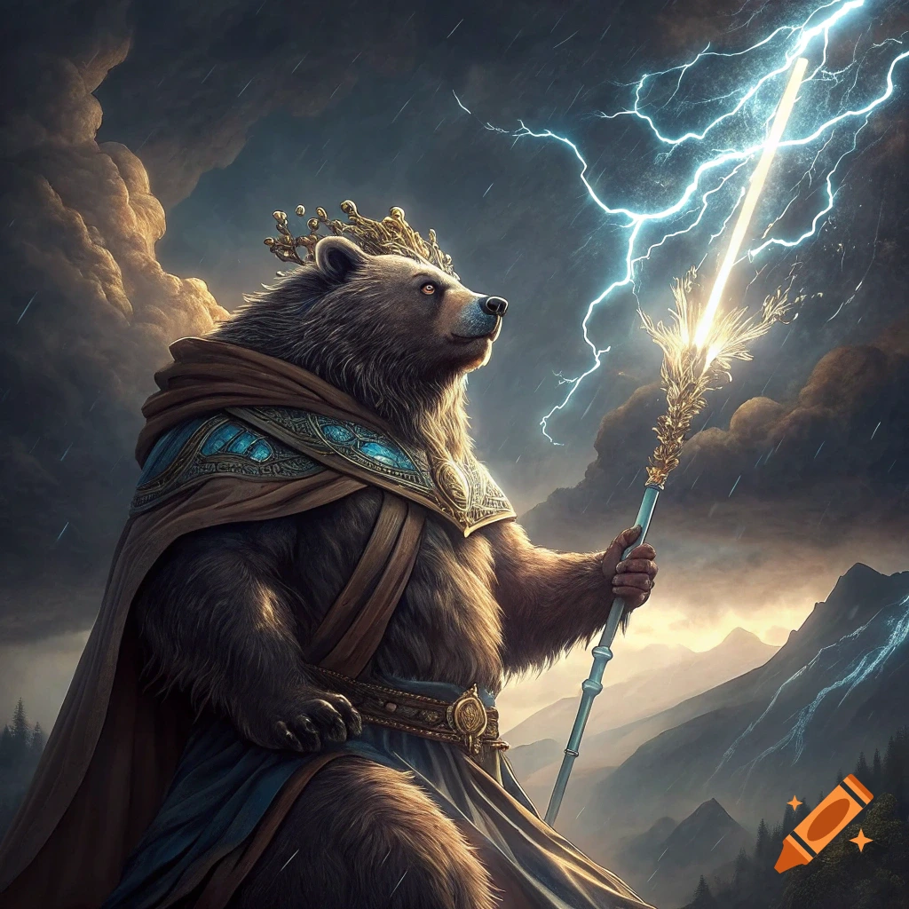 Fantasy illustration of a bear wearing a crown and robes, holding a lightning staff in a stormy mountain landscape.