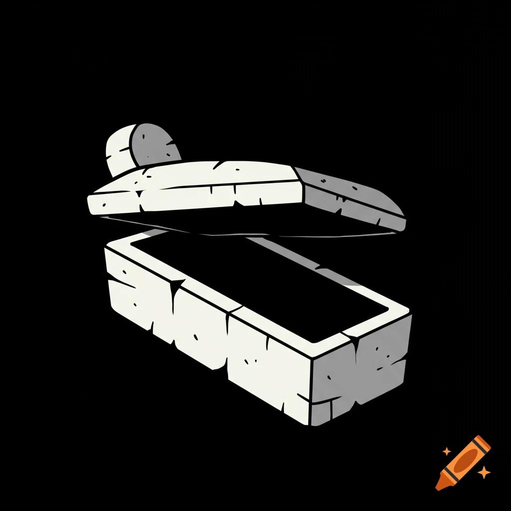 Cartoon monochrome illustration of an open tombstone and coffin.