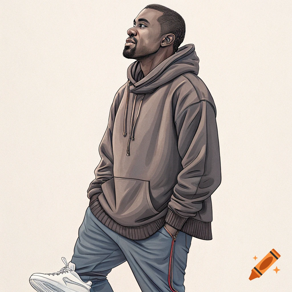 Illustration of Kanye West in a brown hoodie and blue sweatpants, looking up.