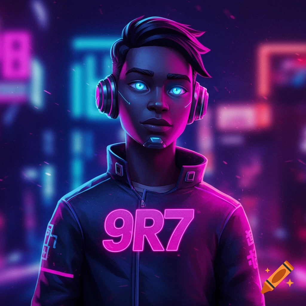 A portrait of a cyberpunk man with headphones and a jacket with neon text 9R7.