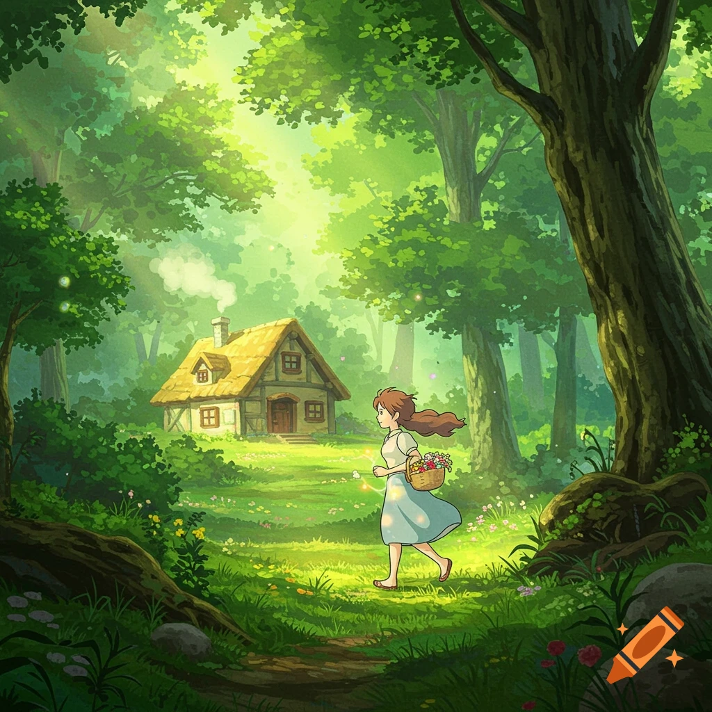 Anime illustration of a girl walking through a sunlit forest towards a cottage, Ghibli style.