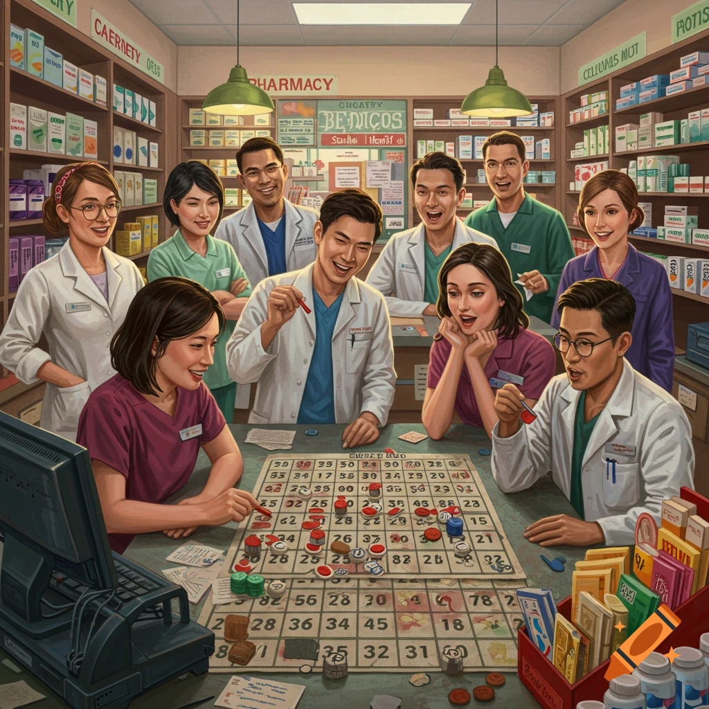 Pharmacist staff playing a board game around a table in a pharmacy.