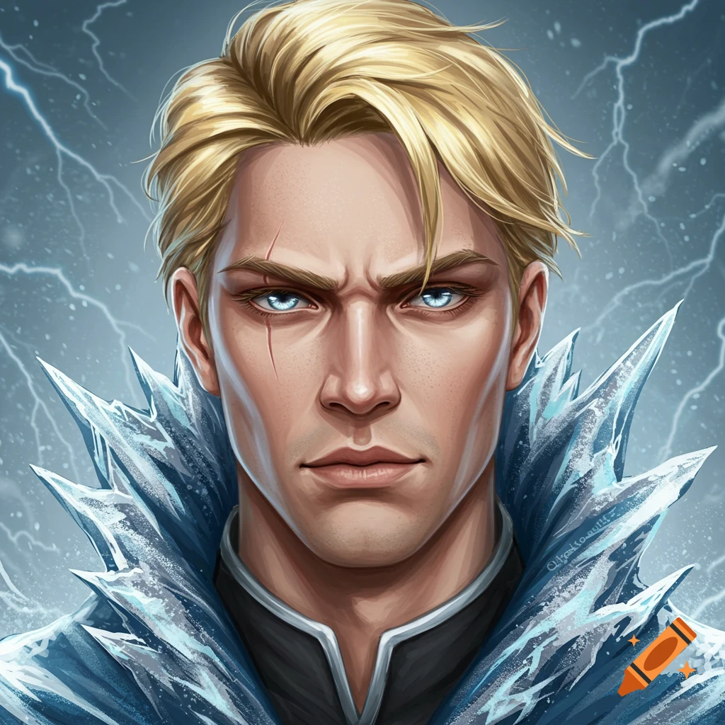 Fantasy portrait of a man with blonde hair, blue eyes, and scars, wearing an icy collar with lightning.