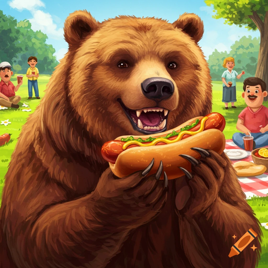 Illustrated bear holding a hotdog at a picnic with people.