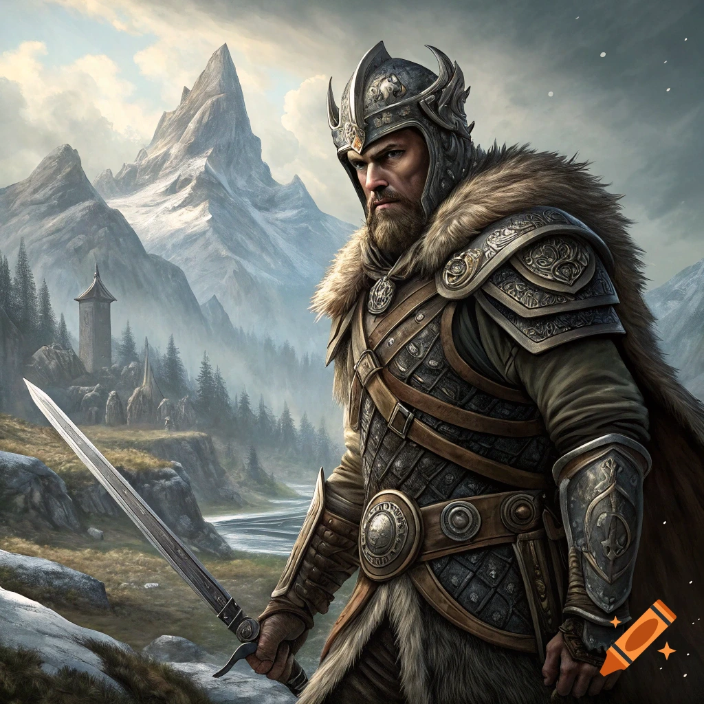 A fantasy warrior in elaborate armor stands in a mountain landscape, holding a sword. A tower is visible in the distance.