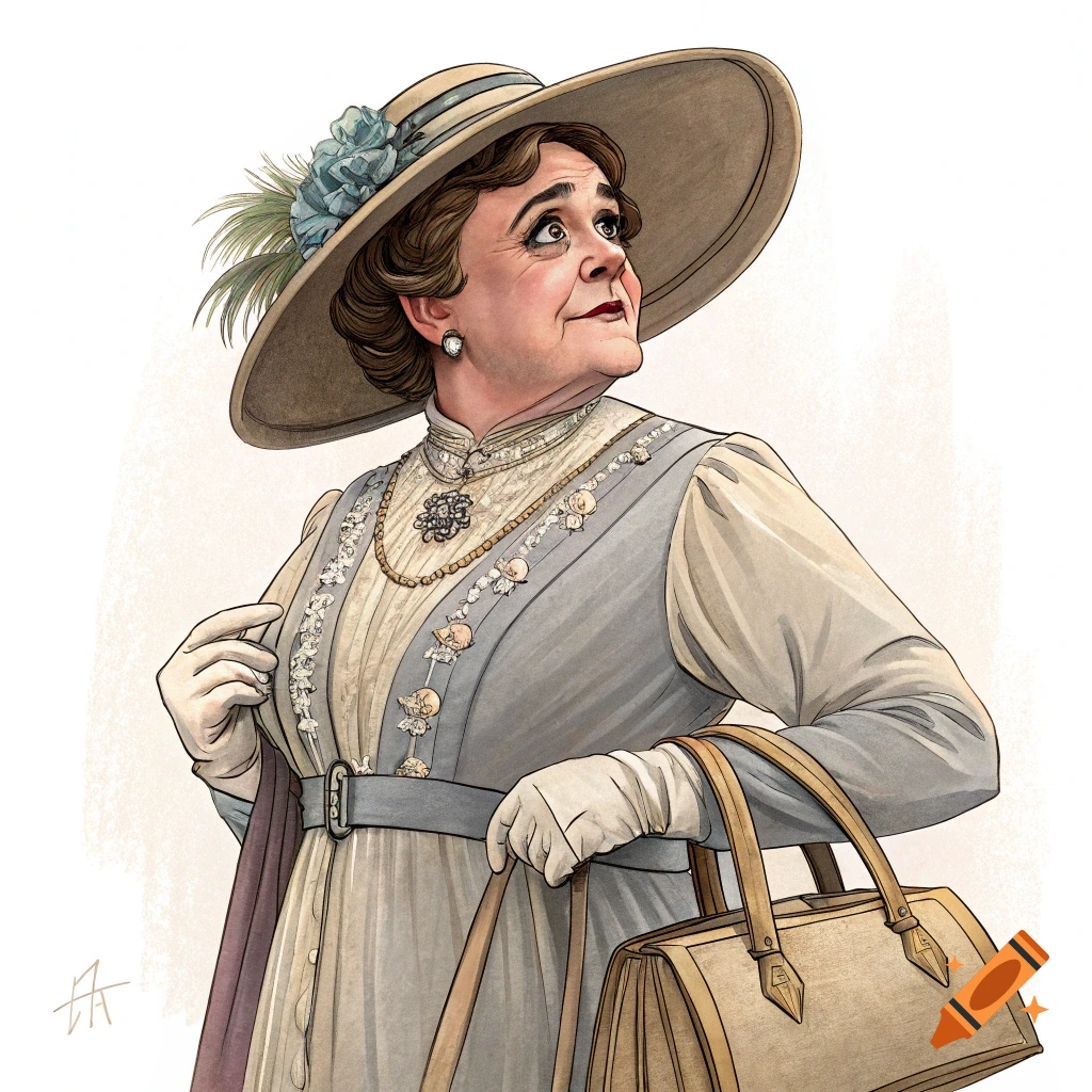 Illustration of a woman in a large hat and historical dress holding a handbag
