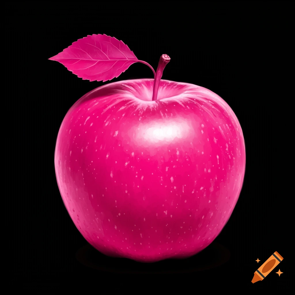 A vibrant pink apple with a green leaf and stem on a black background.