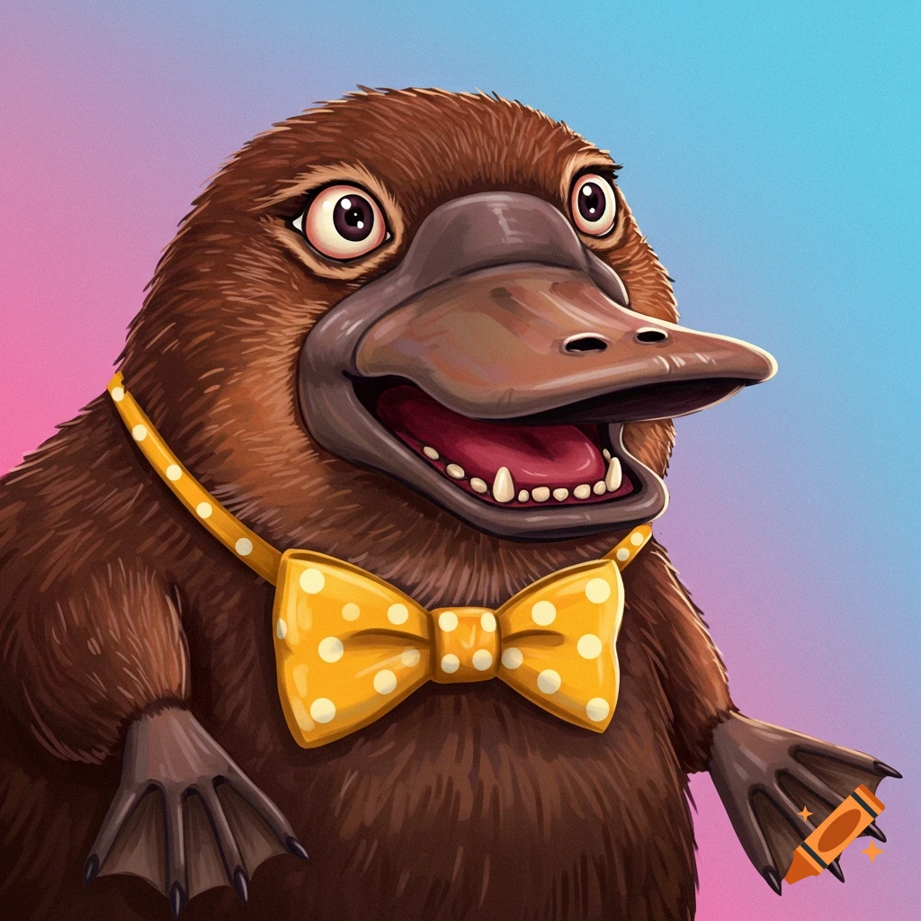 A cartoon platypus wearing a yellow bow tie.