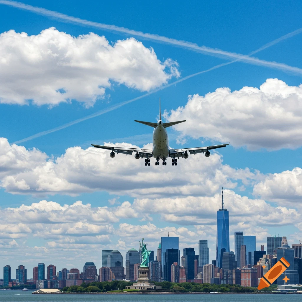 Large airplane flying over the New York City skyline with the Statue of Liberty.