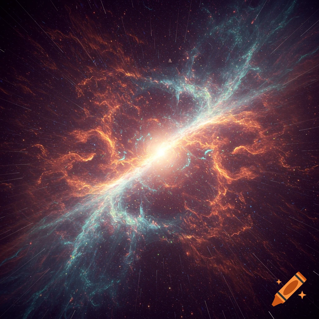 Abstract cosmic scene with a bright central light, swirling orange and blue nebulas, and stars.