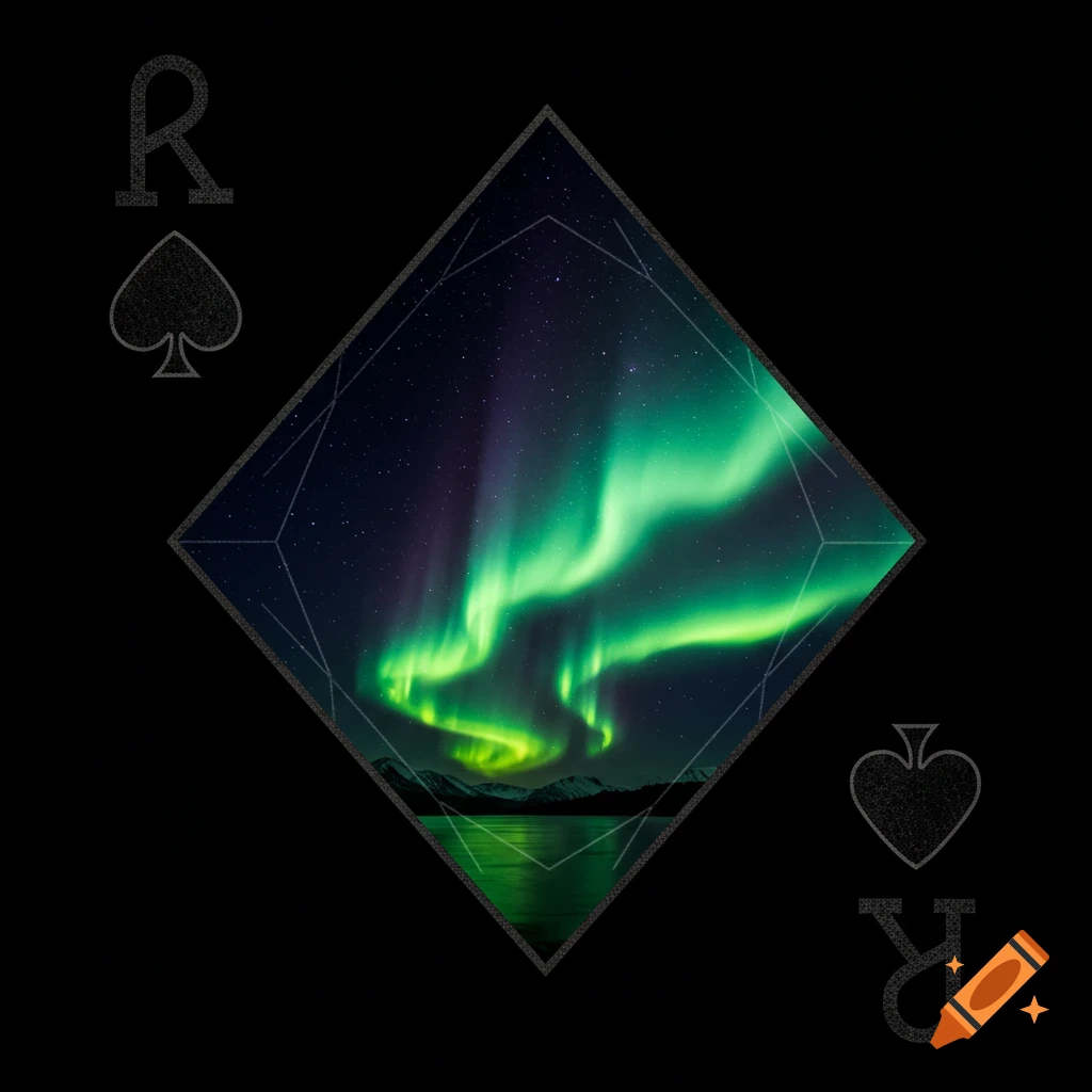 Playing card design with Northern Lights inside a black diamond shape