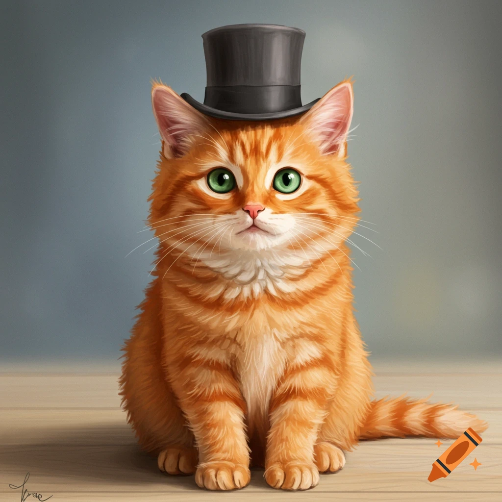 An orange tabby cat sits on a wooden surface wearing a black top hat.