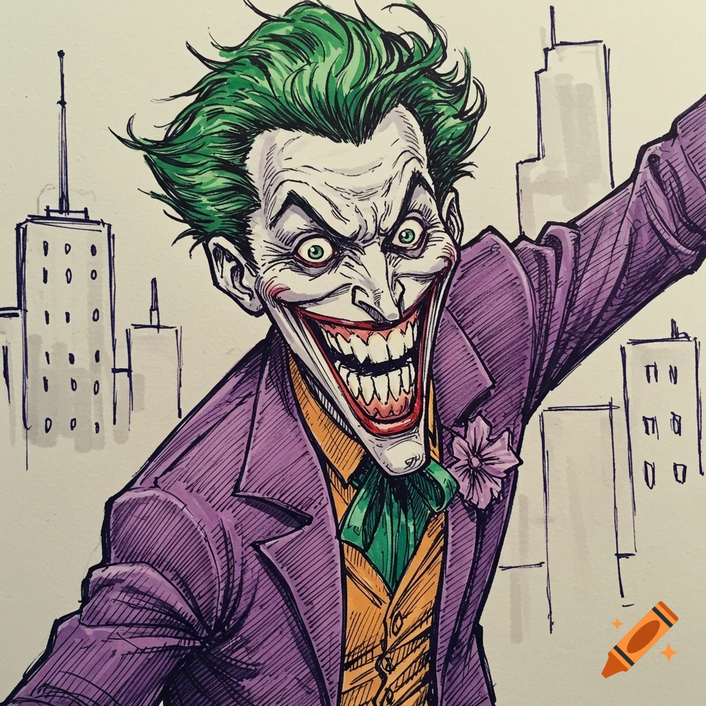 Pen sketch illustration of the Joker with a wide grin, wearing a purple suit, against a city skyline background.