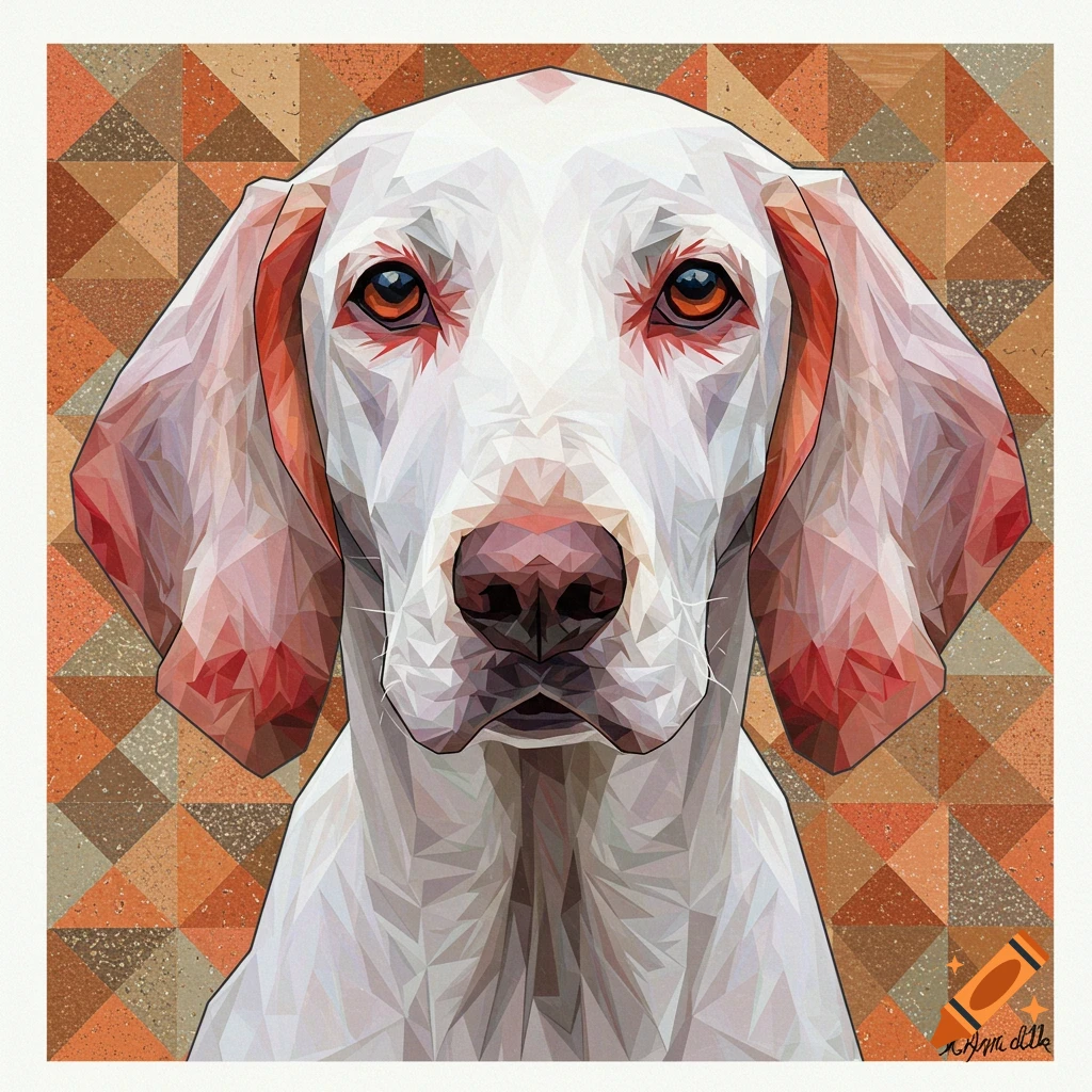 A geometric, quilt-like portrait of a white dog's face against a geometric background.