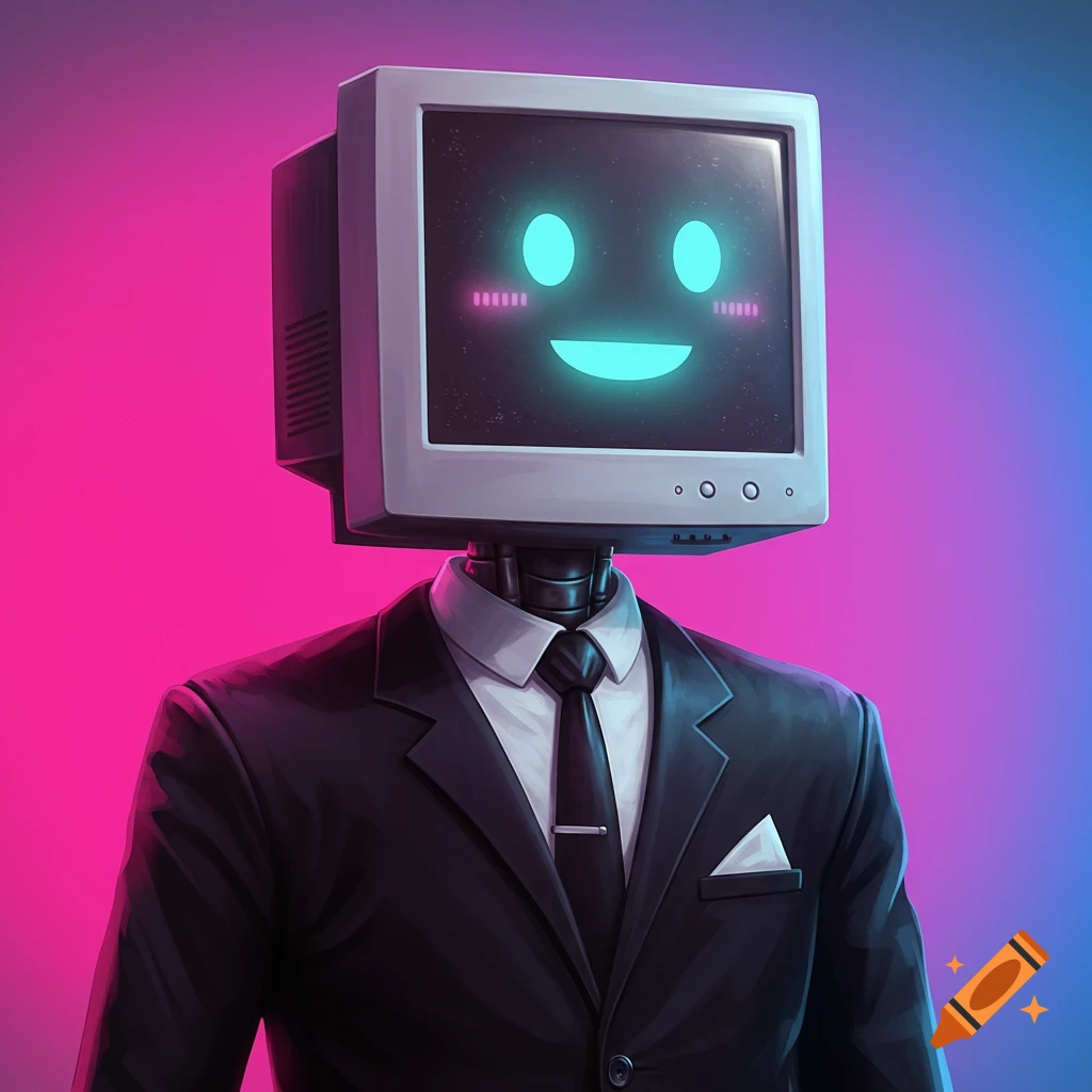 Robot with a monitor head displaying a glowing face, wearing a suit and tie against a neon background.