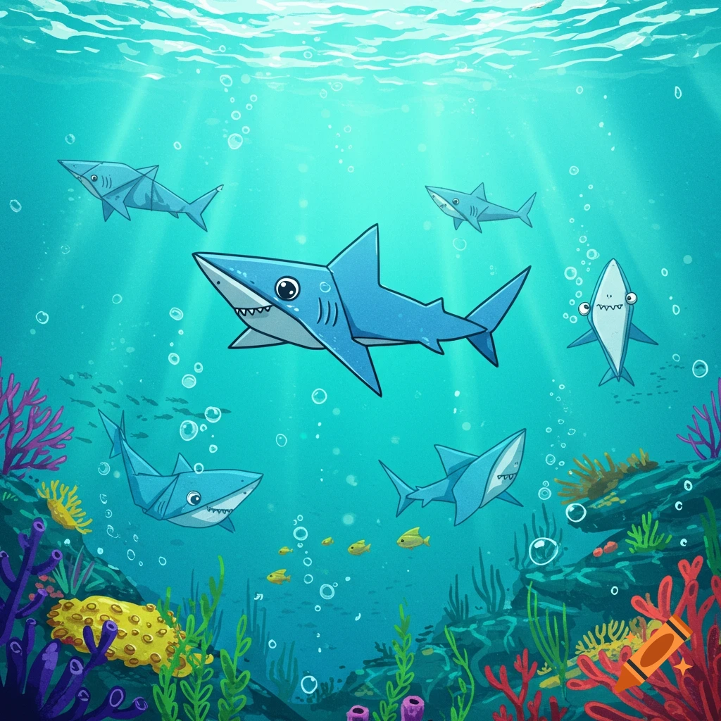 Cartoon illustration of cute origami sharks swimming in a colorful ocean reef.
