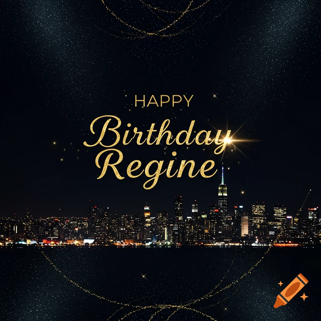 Happy Birthday Regine text over a night cityscape with stars and gold glitter.