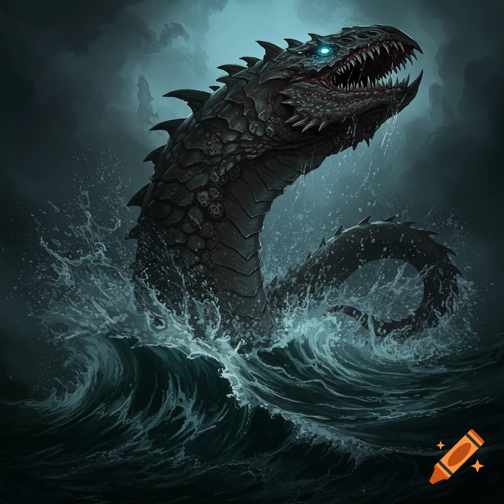 A large, dark sea monster with glowing blue eyes rises from rough, dark water.