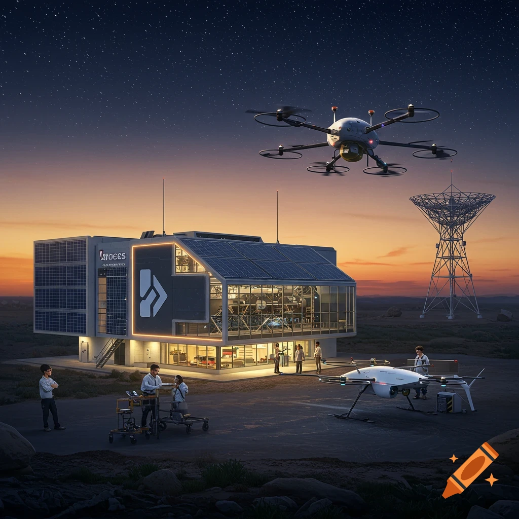 A futuristic building with solar panels, drones flying and on the ground, and people working outside at sunset with a radio telescope in the distance.