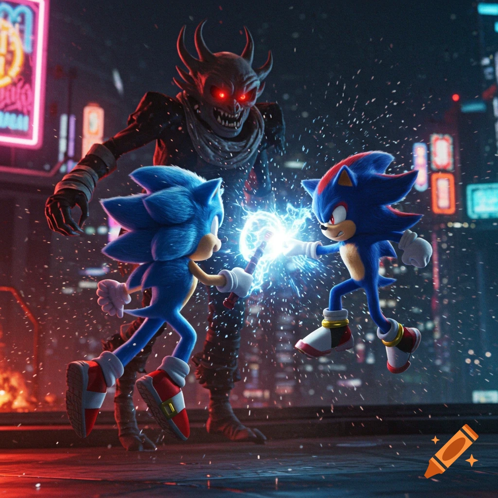 Movie Sonic and Shadow fighting a monster in a rainy city at night with energy effects.