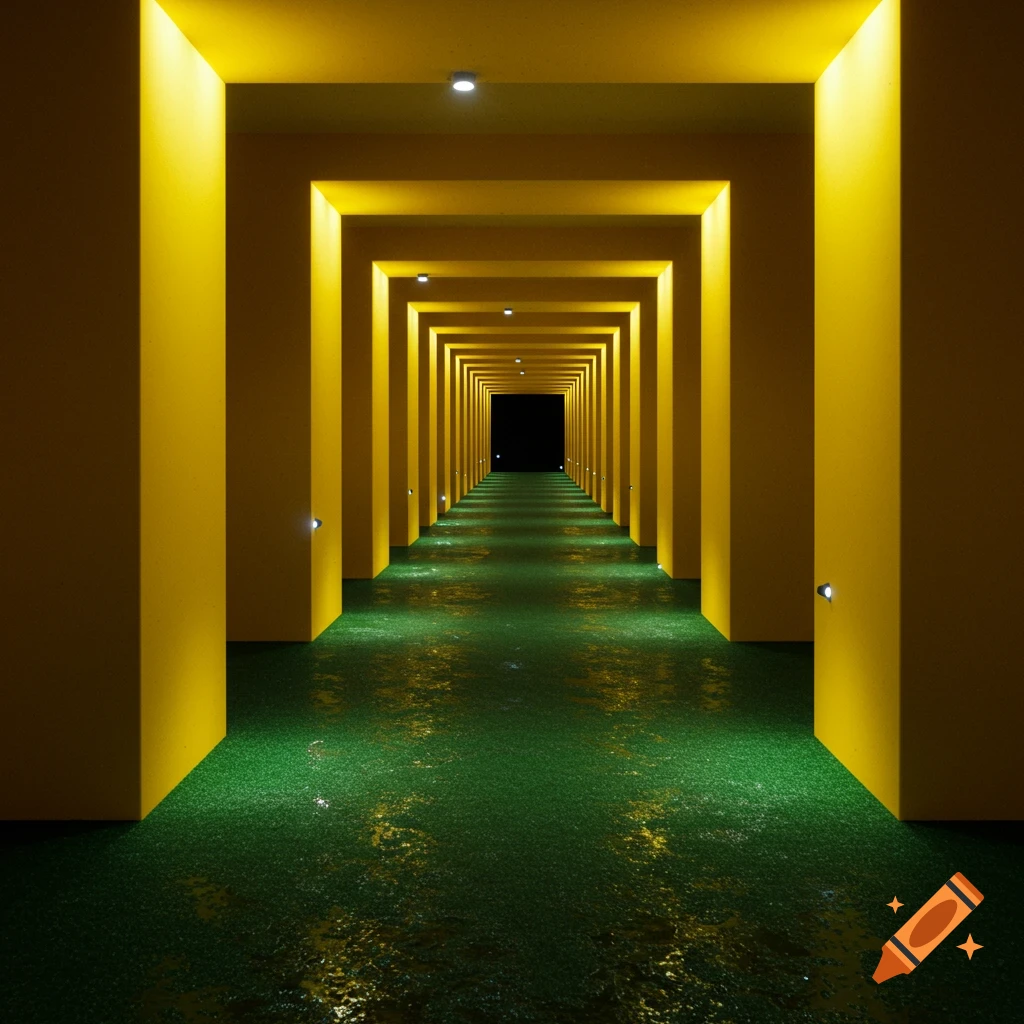 A long, repeating hallway with bright yellow walls and a dark green, reflective floor leading into darkness.
