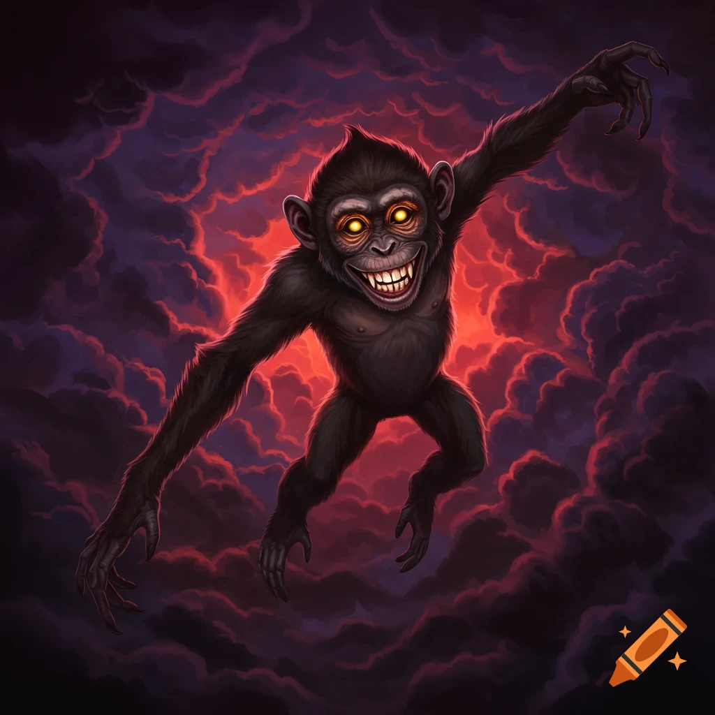 A stylized dark monkey with glowing yellow eyes and sharp teeth floats among dark clouds with a red glow.