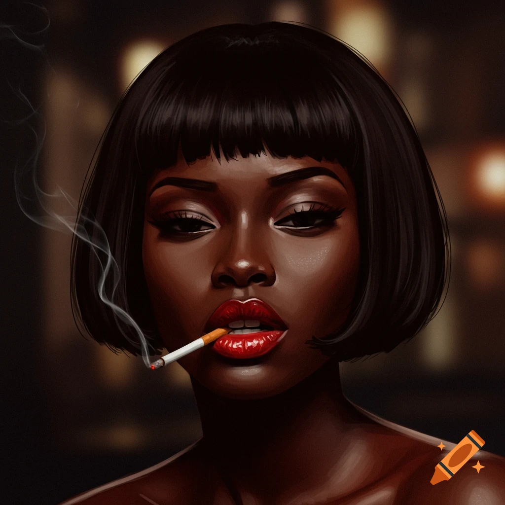 Portrait of a Black woman with a bob haircut and red lipstick, smoking a cigarette.