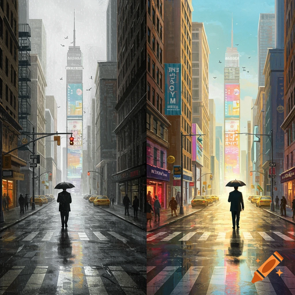 Split image of a city street scene; left side is rainy with a person holding an umbrella, right side is sunny with the same person walking without an umbrella. Digital art.
