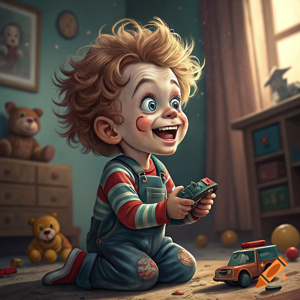 A stylized illustration of a young boy with messy hair kneeling and playing with a toy car in a bedroom.