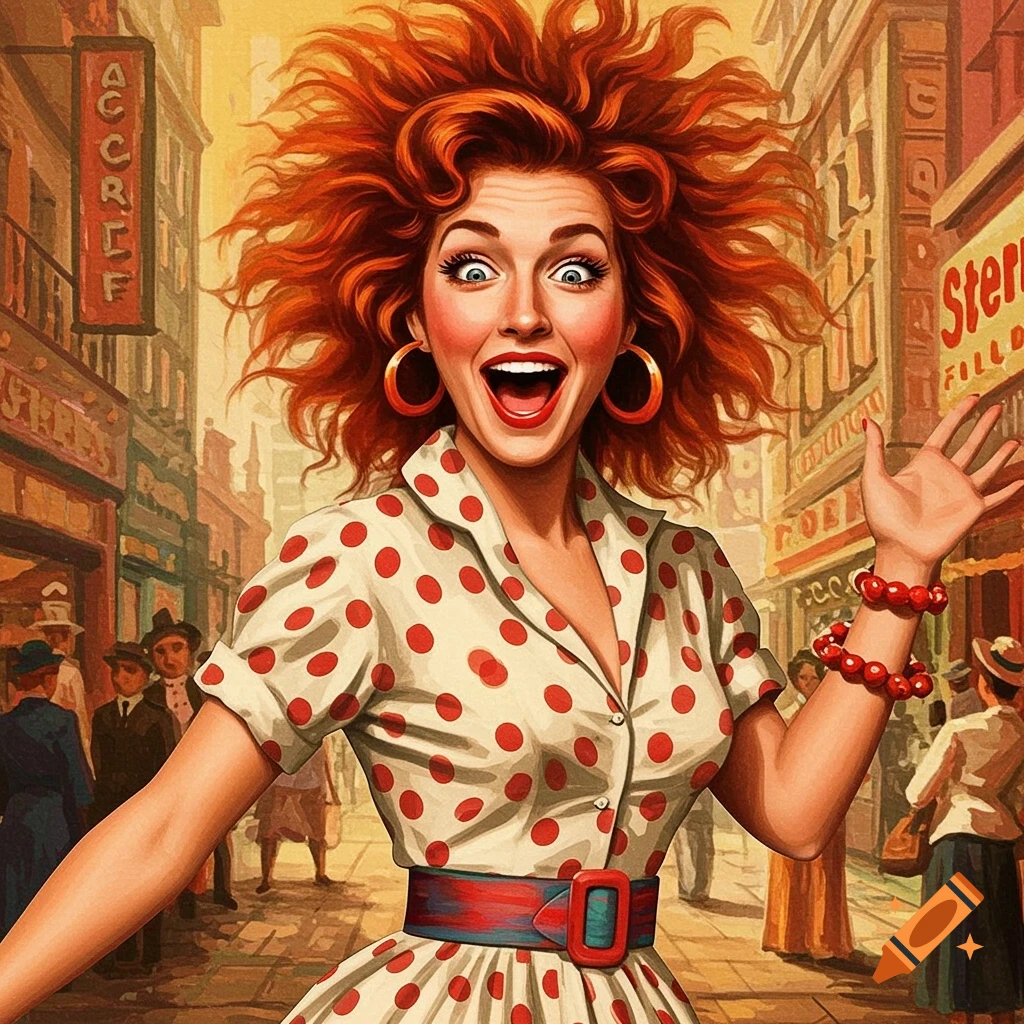 Vintage style painting of a peppy woman with bright red hair and a polka dot dress in a bustling street scene.