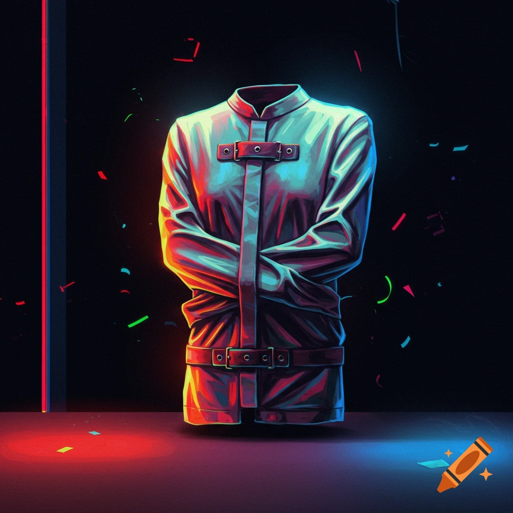 A straitjacket floats with red and blue lighting and confetti.