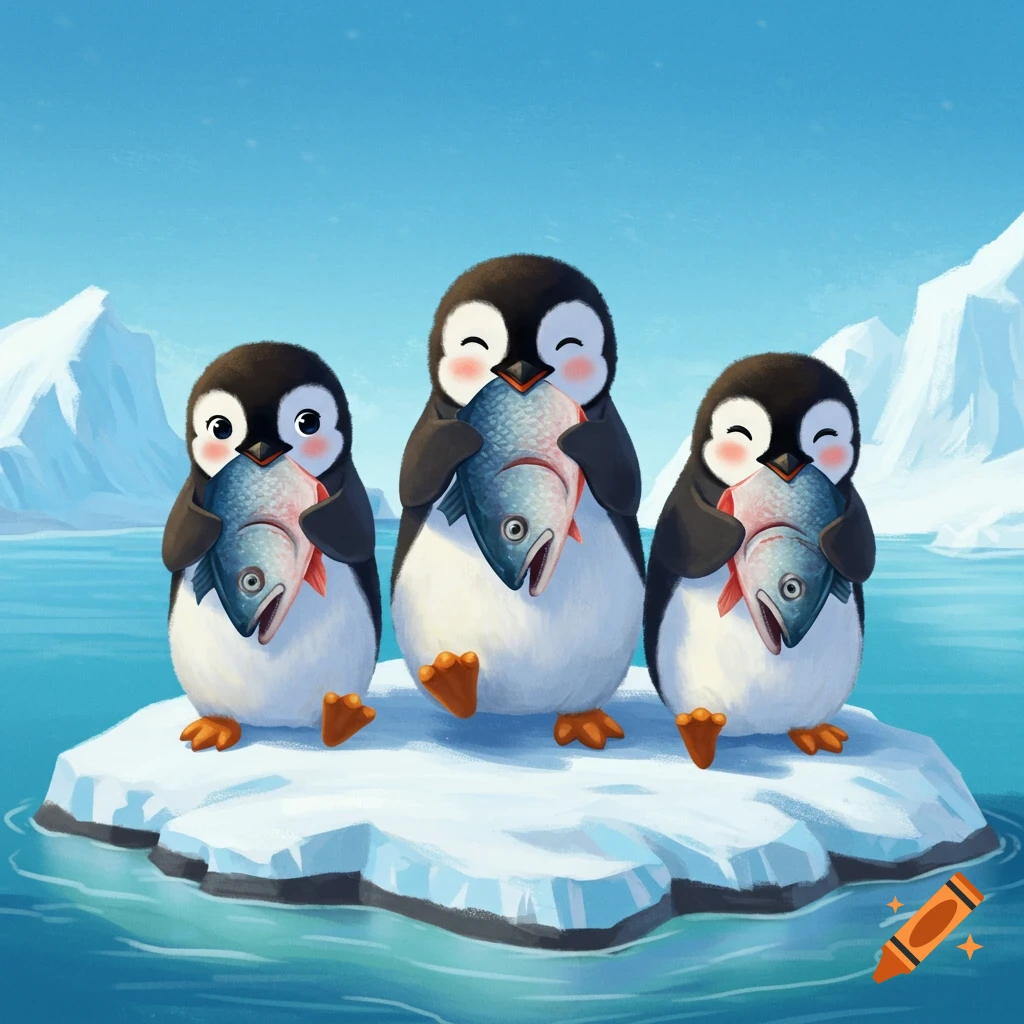 Illustration of three cartoon penguins on an ice floe, each holding a large fish, in an arctic scene with mountains and water.